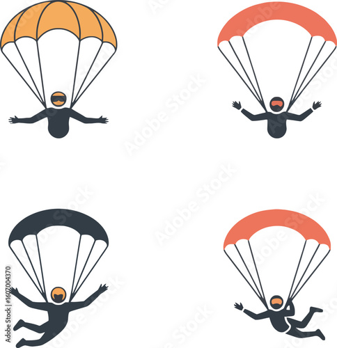 Skydiving Silhouettes: Four Colorful Parachute Icons, Flat Design, Adventure Mood