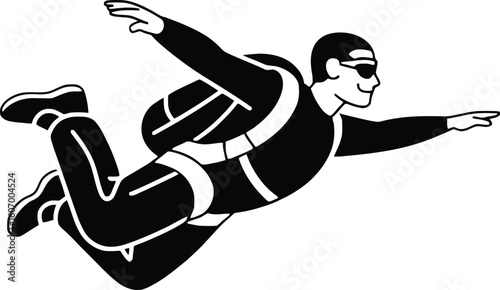 Skydiving Man: Black and White Vector Illustration, Extreme Sports, Adrenaline Rush