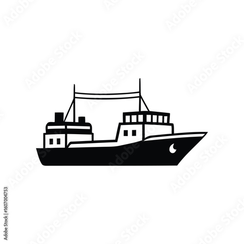 Simple black and white illustration of a fishing trawler boat