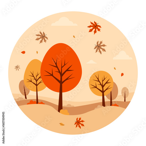 Autumn landscape with trees and falling maple leaves. Minimal fall square Round background. Vector illustration. Perfect for seasonal poster, banners. Not AI