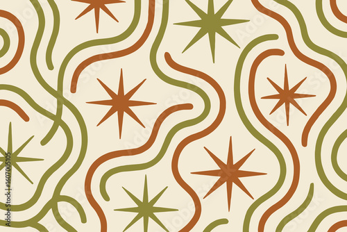 Retro mid century modern starbursts and wavy lines pattern
