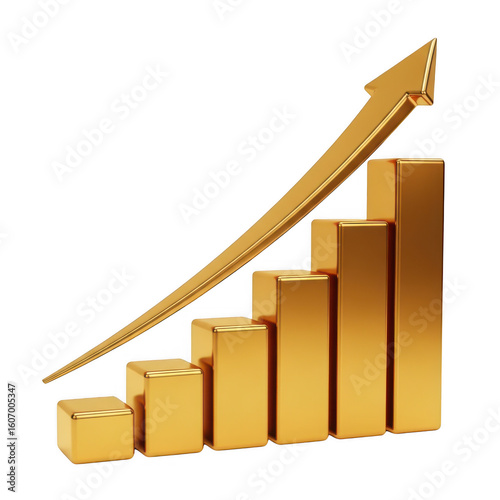 Golden bar chart with upward arrow isolated on transparent background