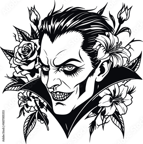 Black Sketch Dracula with Flowers Vector Illustration – Gothic Horror and Botanical Art