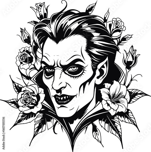 Black Sketch Dracula with Flowers Vector Illustration – Gothic Horror and Botanical Art