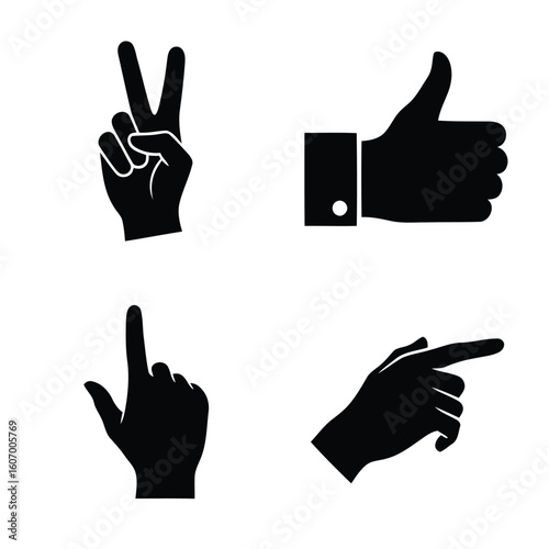 Four silhouette hand gestures including peace sign thumbs up and pointing