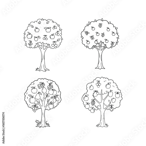 Four Fruit Trees Coloring Page Apples Cherries Pears Grapes and More