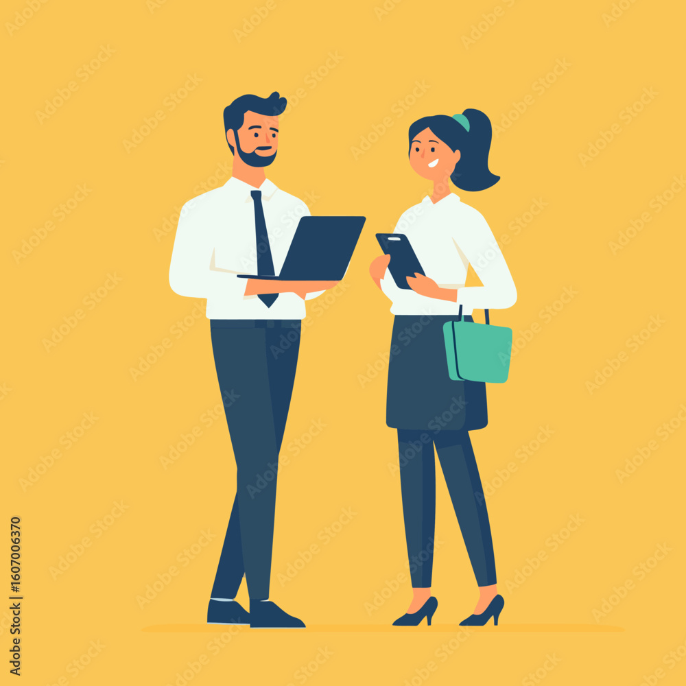 Businesswoman with businessman upper body character taking laptop and smartphone. flat design style minimal vector illustration.
Businesswoman with businessman upper body character taking laptop and smartphone. flat design style minimal vector illustration.
