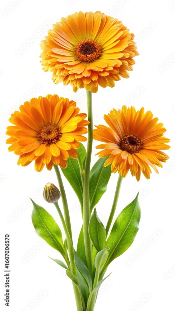 Obraz premium Elegant Arrangement of Orange Calendula Flowers Against a Clean White Background