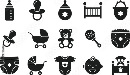 A collection of diverse vector icons, including holiday, party, and baby symbols, perfect for design illustrations