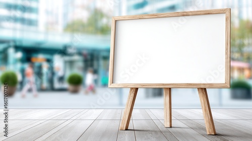 Outdoor blank wooden signboard with blurred urban background