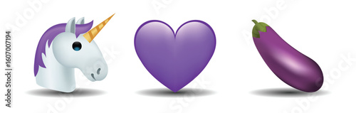 3 emoticons isolated on white background. Violet color heart, unicorn, eggplant vector emoji illustration. 3d illustration set.
