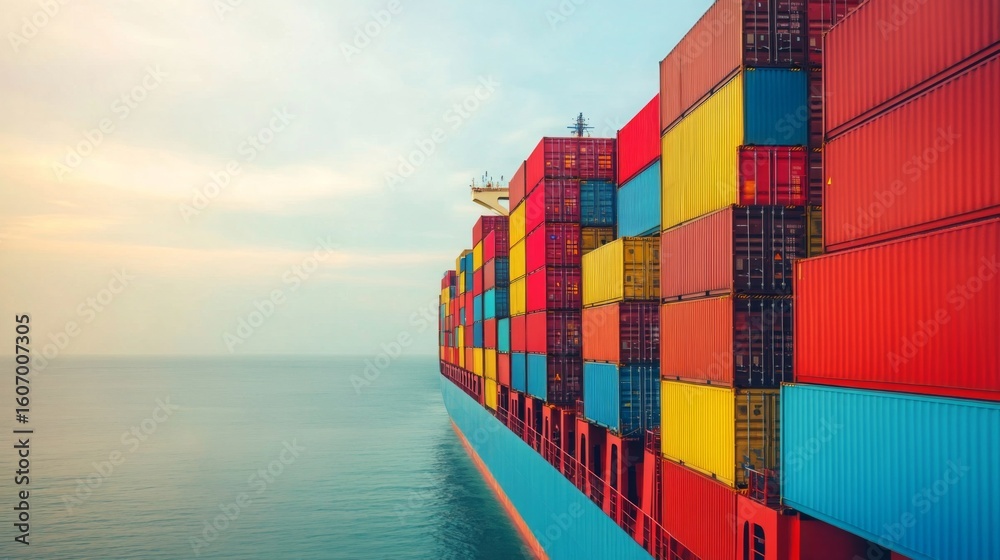Obraz premium A cargo ship loaded with colorful shipping containers sails on calm ocean waters under a clear sky.