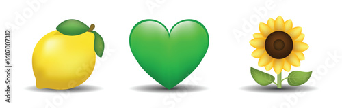 3 emoticons isolated on white background. Green color heart, lemon, sunflower vector emoji illustration. 3d illustration set.