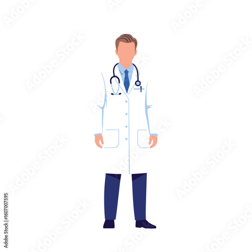 Professional Male Doctor in White Lab Coat with Stethoscope and Blue Tie.