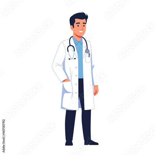 Friendly Male Doctor Wearing White Lab Coat with Stethoscope.