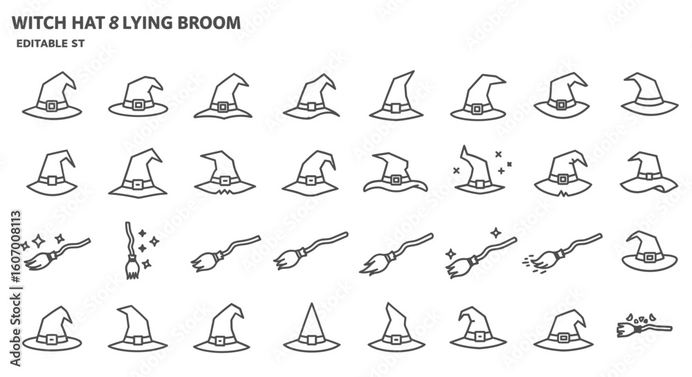 Fototapeta premium Collection of Witch Hats and Flying Brooms for Halloween and Fantasy Themed Designs