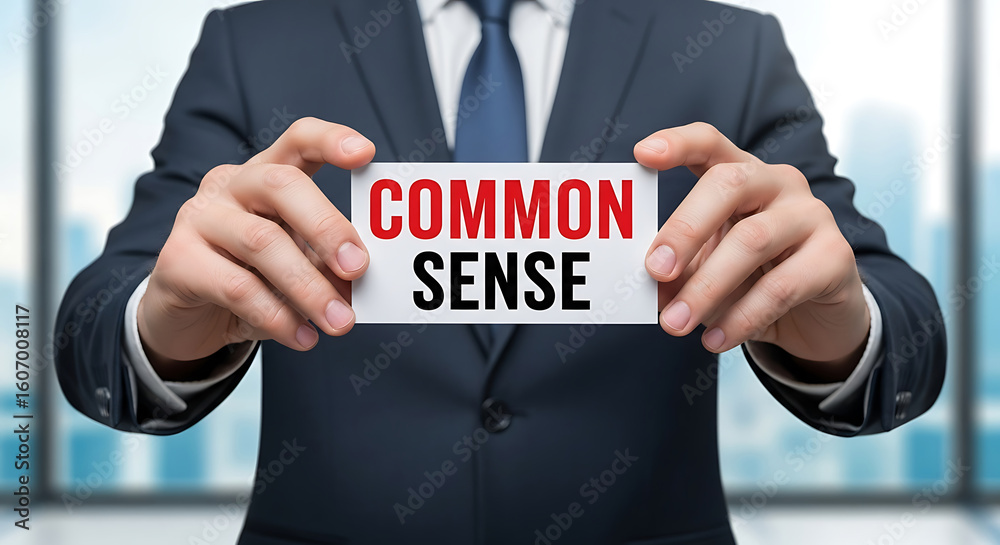 Obraz premium Businessman Holding Common Sense Card Red Text White Background