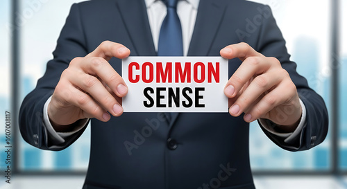 Businessman Holding Common Sense Card Red Text White Background