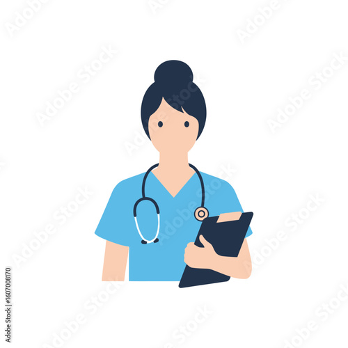 Flat Vector Illustration of a Nurse Holding a Clipboard with Stethoscope.