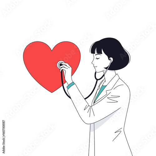 Stylized female doctor in white coat checking a vibrant red heart with a stethoscope.