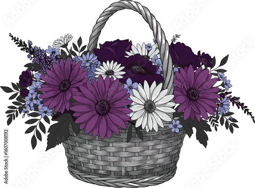 Elegant floral basket illustration, purple and white daisies, blue wildflowers, hand-drawn spring bouquet, rustic wicker decor, vintage botanical art