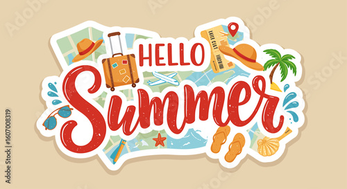 Summer vacation greeting with travel icons and map elements.