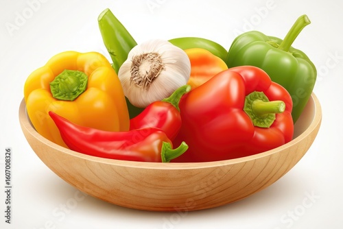 Colorful bell peppers and garlic wooden bowl vector illustration, ideal for cooking, kitchen decor, or floral arrangements