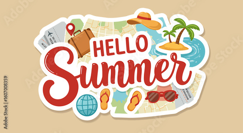 Summer vacation themed graphic design with travel icons.