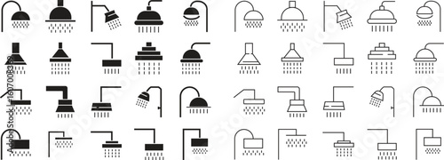 Shower icons set, collection, and group in flat, outline, line, and minimalist vector style. Bathroom, water, wash, hygiene, faucet, spray, clean, bath, and plumbing symbols
