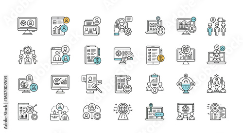 A diverse collection of thin line icons for human resources, recruitment, corporate management, and business strategy.