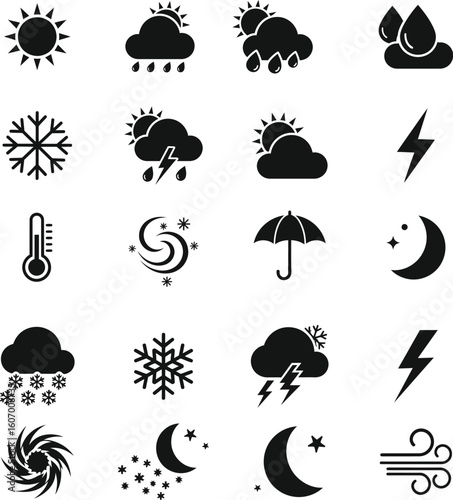 A diverse vector set of weather icons featuring sun, rain, cloud, storm, snow, moon, and other nature symbols and silhouettes