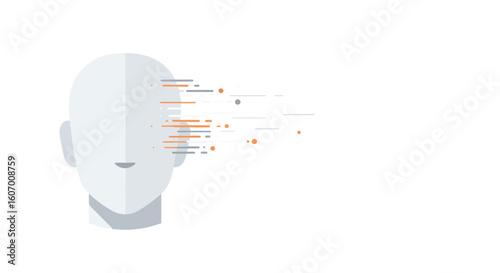 Futuristic concept of artificial intelligence with a data stream processing from a humanoid head, symbolizing digital consciousness and information analysis.