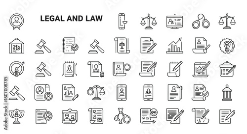 A comprehensive line icon set representing legal and law themes, including justice, court, and attorney symbols.