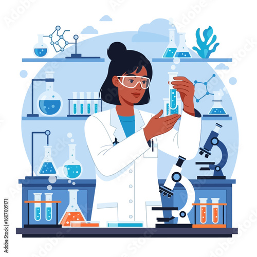 A female scientist in a lab coat carefully examines liquid in test tubes, surrounded by various scientific equipment.
