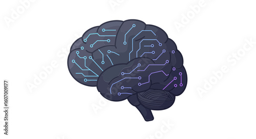 An illustrative blend of human intellect and machine learning, depicting a cybernetic brain with intricate, glowing circuitry.