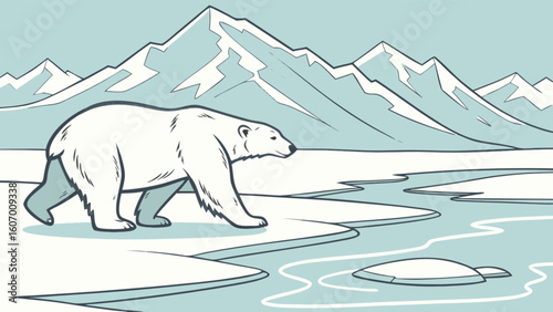 Polar bear walking on ice floe arctic wildlife drawing vector illustration nature animal climate change 100
