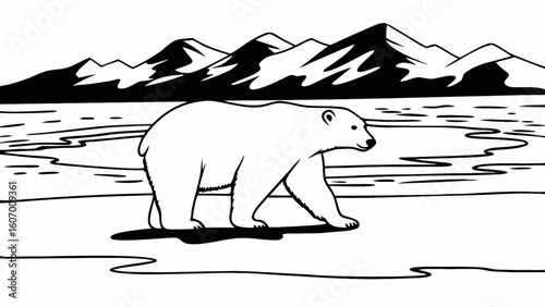 Polar bear walking on ice drawing vector illustration in black and white arctic animal wildlife scene 100