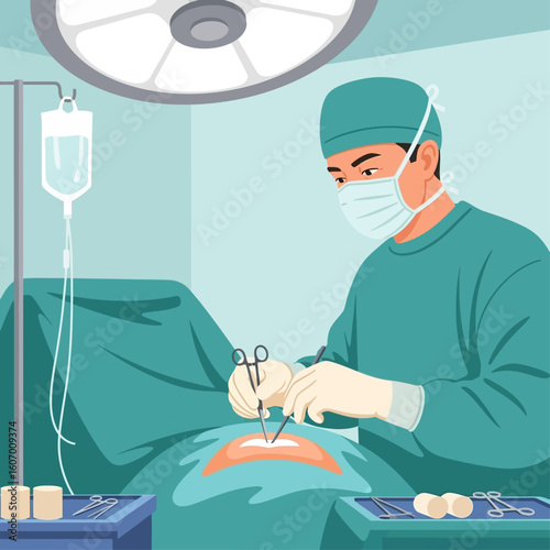 A surgeon in scrubs performs a surgical procedure in a sterile operating room.
