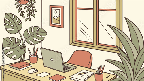 Illustration of home office workspace with laptop plants and window for work from home concept 100 char