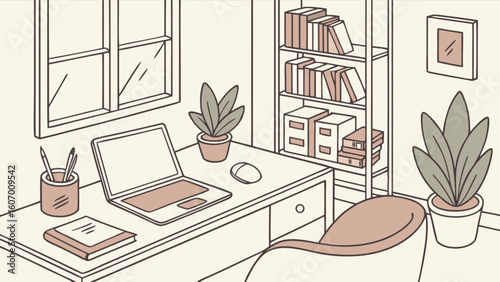 Illustration of home office setup with desk laptop bookshelf and plants for remote work and study area