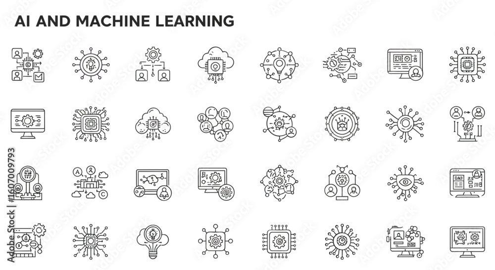 Obraz premium Artificial intelligence and machine learning technology icon set. Outline symbols for deep learning, data science, and automation.