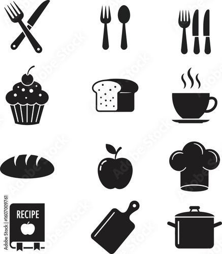 Food and kitchen vector icons set with restaurant, cooking, chef, and drink illustrations