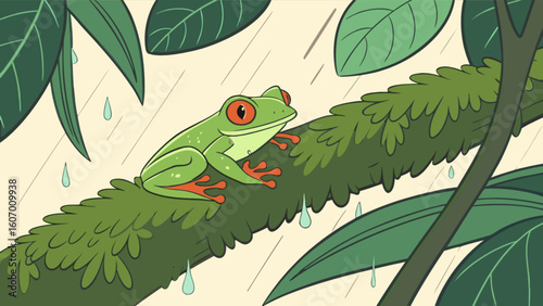Red eyed tree frog resting on a branch in the rainforest during a rain shower illustration art