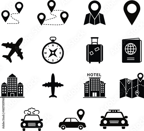 A vector set of travel and transport icons, including car, airplane, train, and taxi symbols for various transportation services