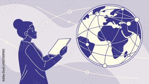Globalization technology and communication network woman using digital tablet for business and social media analysis