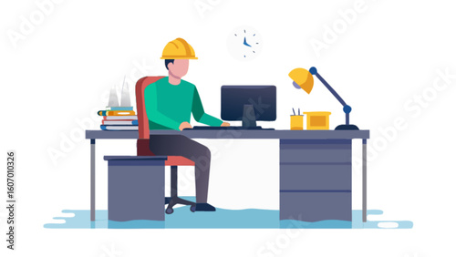 Engineer at desk working on computer illustration for construction and architecture project design plan