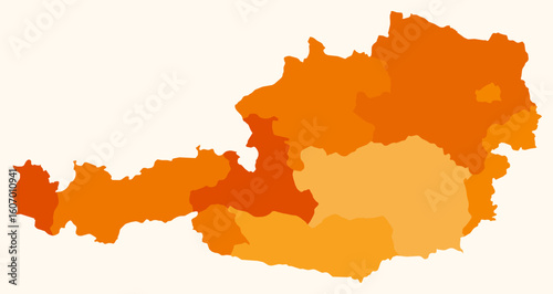 Map of Austria with regions. Just a simple country border map with region division. Orange color palette. Flat Austria shape with administrative division. Vector illustration.