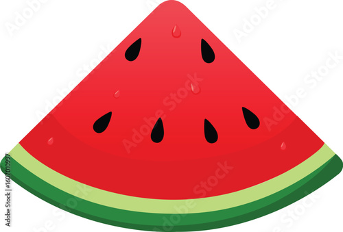 Red watermelon slice with black seeds, green rind, and pulp isolated on transparent background. Vector illustration