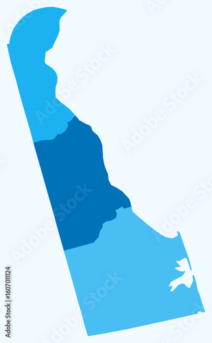 Map of Delaware with counties. Just a simple state border map with county division. Light blue color palette. Flat State of Delaware shape with administrative division. Vector illustration.