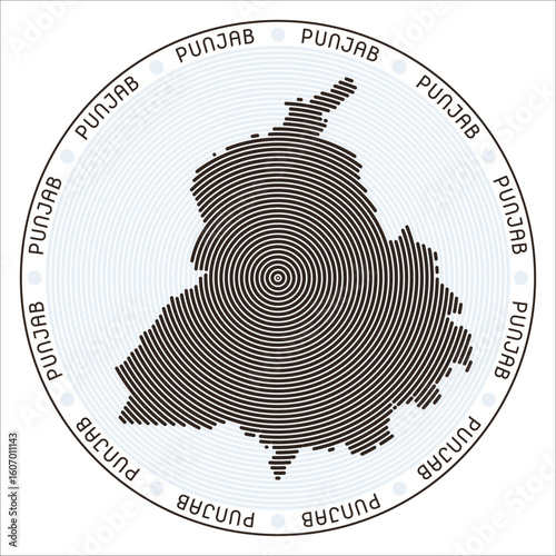 Punjab round logo design. State shape build of rings. Punjab text around the state. Vector Illustration.